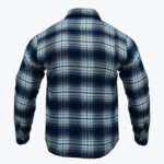 Back view of a navy blue, white, and brown plaid long-sleeve flannel shirt on a white background.