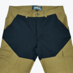 A flat lay view of Addos two-tone cargo pants in khaki and navy blue, showing the front waistband, contrast paneling, and side pockets.