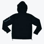 The back view of a black hooded jacket with a small zippered pocket on the left sleeve, set against a white background.