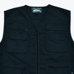 A black utility vest with multiple pockets and a front zipper closure against a plain background.