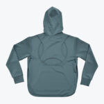 The back of a slate blue hoodie with a circular cutout pattern on the upper back, displayed flat against a white background.