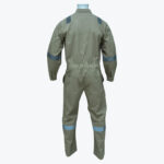 Back view of a khaki-colored industrial safety coverall with reflective stripes on the arms and legs, shown on a mannequin against a white background.