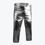 A pair of shiny, metallic silver trousers with a reflective, crinkled texture, isolated on a white background.