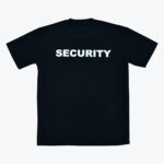 The back of a black t-shirt with SECURITY printed in bold white capital letters across the upper back.