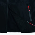 Close-up of a black jacket featuring a partially open diagonal zipper showing mesh lining, a vertical pocket zipper, and distinctive red zipper pulls.
