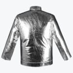 Back view of a shiny, reflective metallic silver jacket with a crinkled texture on a solid white background.