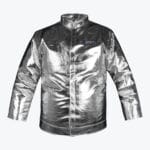 A shiny metallic silver jacket with a high collar and a small Addos logo patch on the chest, isolated on a white background.