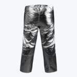 A view of shiny metallic silver pants with a crinkled, reflective foil texture on a solid white background.