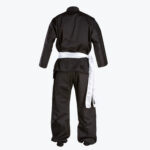 Rear view of a black martial arts uniform with a white sash tied around the waist on a white background.
