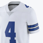 Close-up of a white football jersey with a large blue number 4 on the front and blue stripes on the sleeve.
