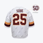Back view of a white Addos jersey with SOBE 25 in maroon and orange, featuring a close-up callout of the Pro Twill Applique lettering.