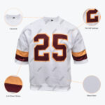 A white short-sleeve crewneck sweatshirt with a large maroon and gold number 25 on the front, featuring circular callouts for crewneck, pro twill applique, cut and sewn stripes, and fleece fabric.