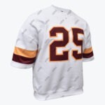 A white short-sleeve crewneck sweatshirt featuring a large maroon number 25 outlined in gold on the chest, with matching maroon and gold stripes on the sleeves.