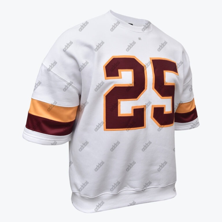 A white short-sleeve crewneck sweatshirt featuring a large maroon number 25 outlined in gold on the chest, with matching maroon and gold stripes on the sleeves.