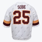 Back view of a white short-sleeve sweatshirt featuring the name SOBE in maroon and the number 25 in maroon with an orange border, with maroon and orange striped sleeves.