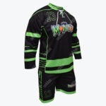 A black and neon green hockey jersey and shorts set featuring the number 13 and a colorful MONSTERS logo.