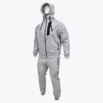 A grey Addos tracksuit with a full-zip hoodie and matching sweatpants displayed on a white mannequin.
