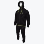 A white mannequin wearing a black zip-up hoodie and matching sweatpants with neon yellow accents.