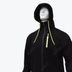 A white mannequin wearing a black Addos hoodie with neon yellow drawstrings and a zippered chest pocket.