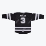 Back view of a black hockey jersey with ALLEN and the number 3 in white and grey lettering, featuring striped sleeves and a small anchor logo at the hem.
