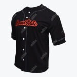 A black baseball jersey with CrowdStrike written in red cursive script across the chest, featuring white buttons and grey trim.