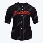 A black baseball jersey with white buttons, thin grey trim, and CrowdStrike written in red cursive lettering across the chest.