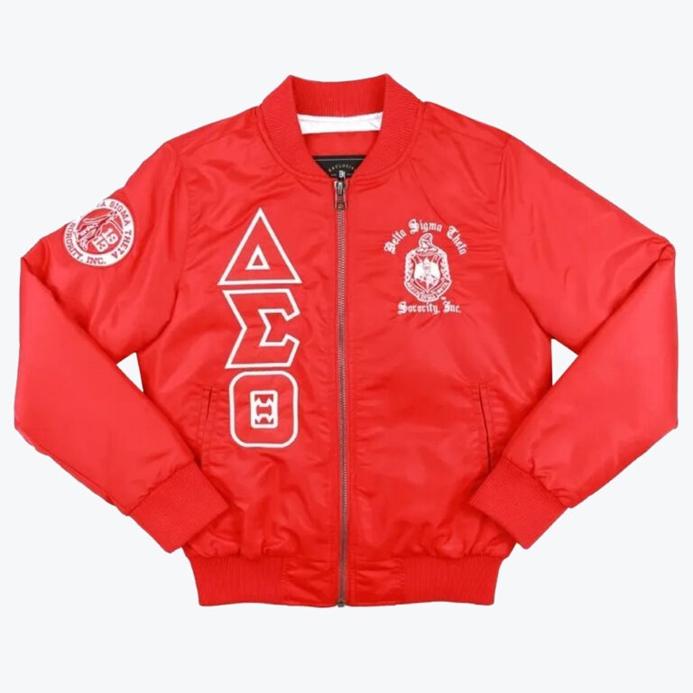 A bright red bomber jacket with white Delta Sigma Theta Greek letters vertically on the right chest, the sorority crest on the left chest, and a circular patch on the right sleeve, set against a white background.