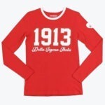 A red long-sleeve shirt with a white crew neck collar, featuring the year 1913 in large white numbers and Delta Sigma Theta in white script below.