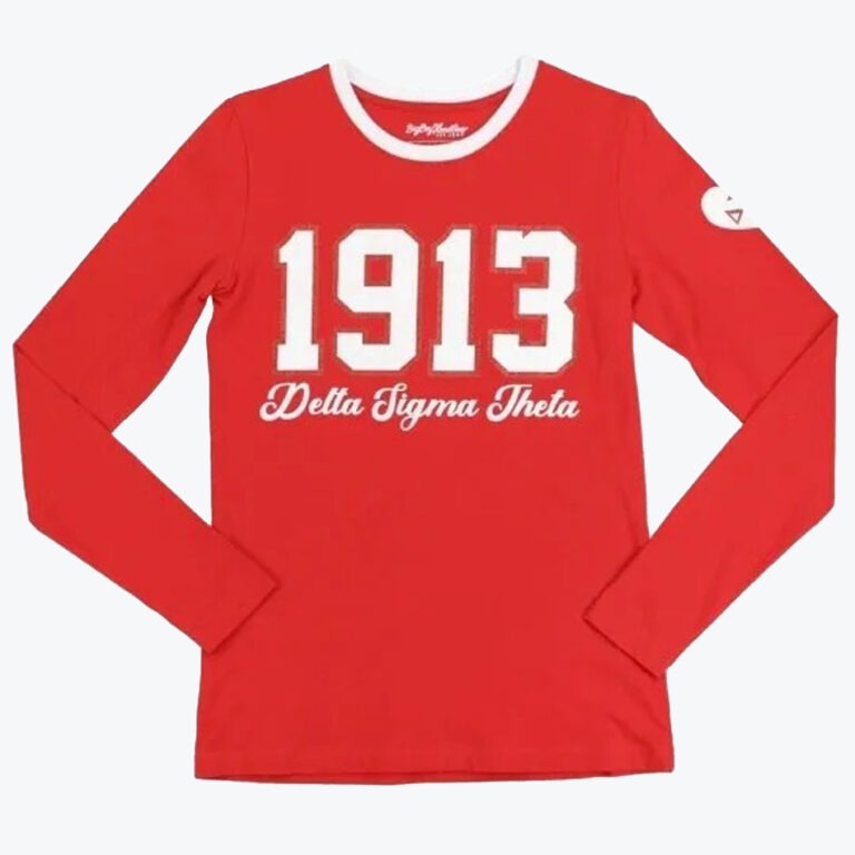 A red long-sleeve shirt with a white crew neck collar, featuring the year 1913 in large white numbers and Delta Sigma Theta in white script below.