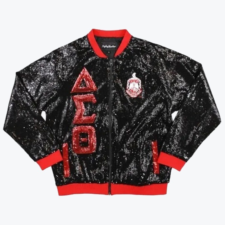 A black sequined bomber jacket with red trim, featuring the Greek letters Delta, Sigma, and Theta in red sequins on the right side and the organization's crest on the left chest.