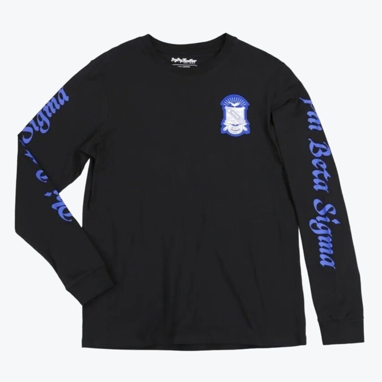 A black long-sleeve t-shirt with a blue Phi Beta Sigma crest on the chest and blue gothic text on the sleeves.