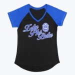 A black women's v-neck t-shirt with royal blue sleeves and collar, featuring Zeta Phi Beta in glittery blue script and the sorority's shield on the front.