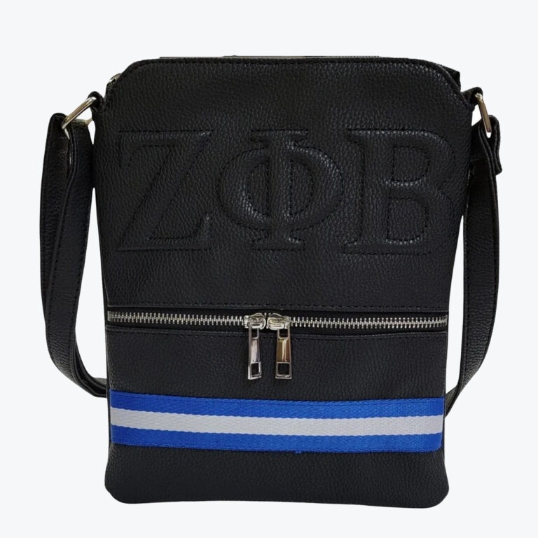 A black pebbled faux-leather crossbody bag with embossed Greek letters Zeta Phi Beta, a silver zippered pocket, and a blue and white striped band at the bottom.