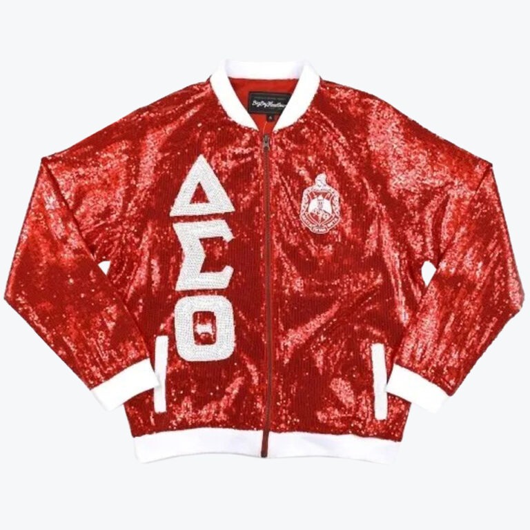 A red sequined bomber jacket with white trim, featuring white Greek letters Delta Sigma Theta on the right and the sorority crest on the left.