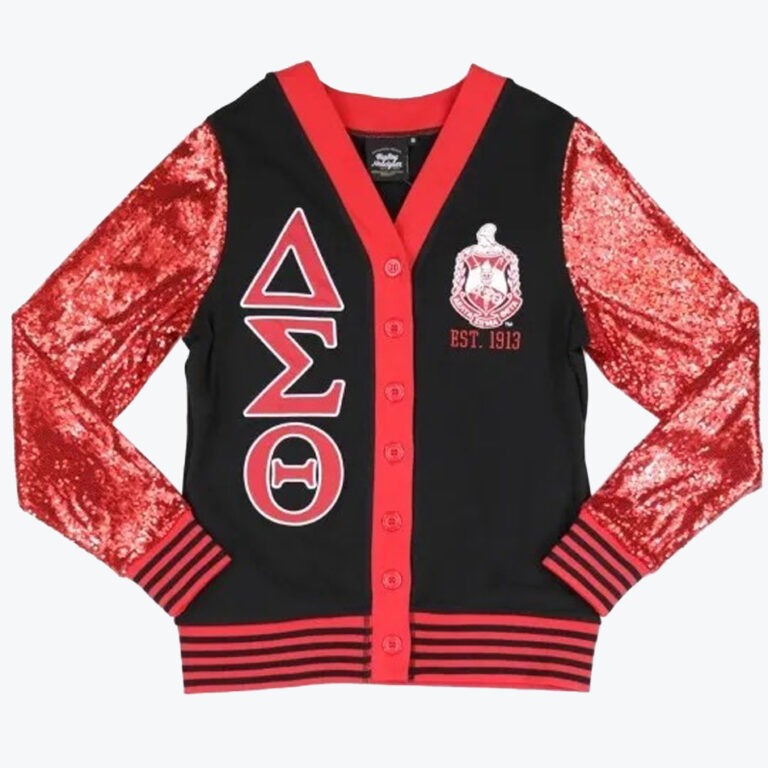 A black cardigan sweater with red sequined sleeves, featuring the Greek letters Delta, Sigma, and Theta on the right and the sorority's crest with EST. 1913 on the left.