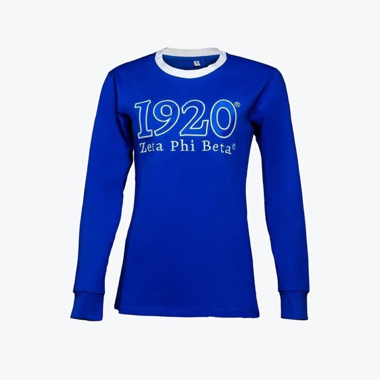 A royal blue long-sleeved shirt with a white collar, featuring 1920 and Zeta Phi Beta embroidered in white on the chest.