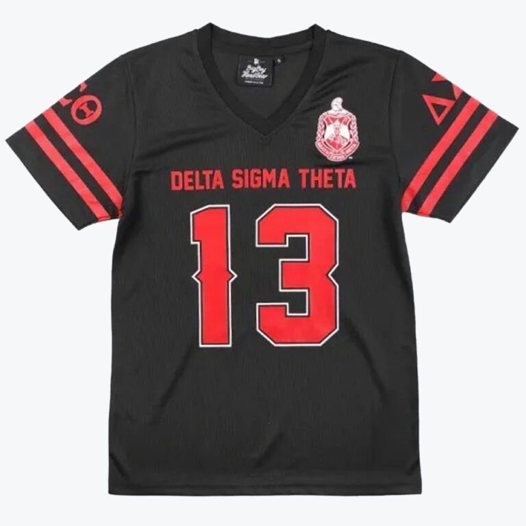 A black V-neck jersey with DELTA SIGMA THETA and the number 13 printed in red on the front, featuring the sorority crest on the left chest.