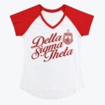A white and red V-neck raglan t-shirt featuring the red script text Delta Sigma Theta and the sorority crest on the front.