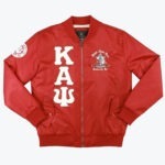 A red bomber jacket with Kappa Alpha Psi Greek letters vertically on the right side and the fraternity crest on the left chest.