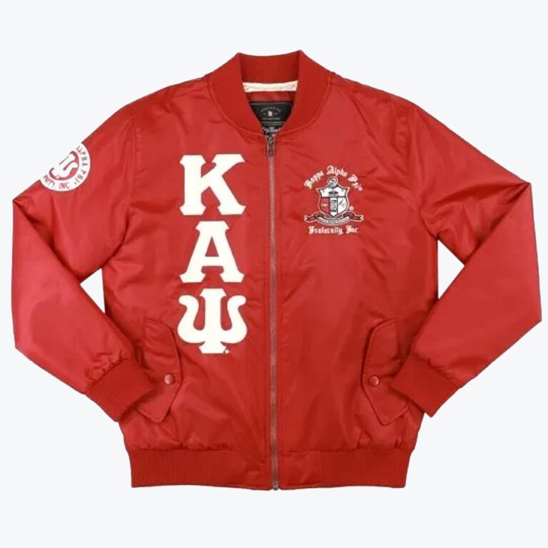 A red bomber jacket with Kappa Alpha Psi Greek letters vertically on the right side and the fraternity crest on the left chest.