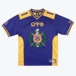 A purple athletic jersey with gold accents, featuring the Greek letters Omega, Psi, Phi and the fraternity's official crest prominently displayed on the front.
