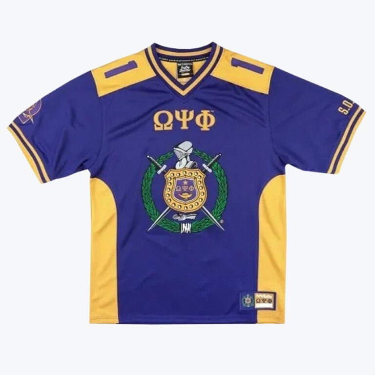 A purple athletic jersey with gold accents, featuring the Greek letters Omega, Psi, Phi and the fraternity's official crest prominently displayed on the front.