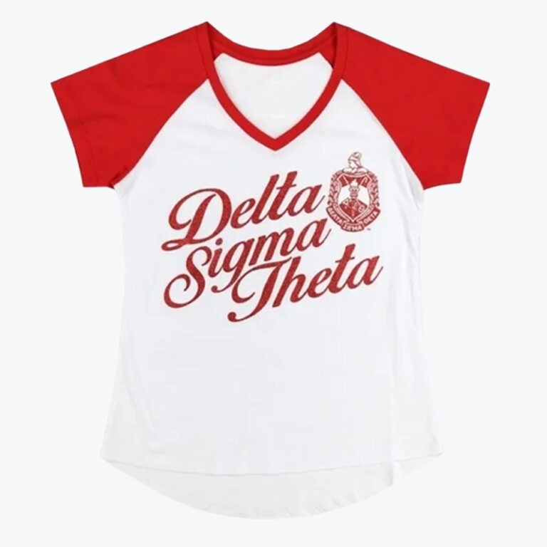 A white and red V-neck raglan t-shirt featuring the red script text Delta Sigma Theta and the sorority crest on the front.