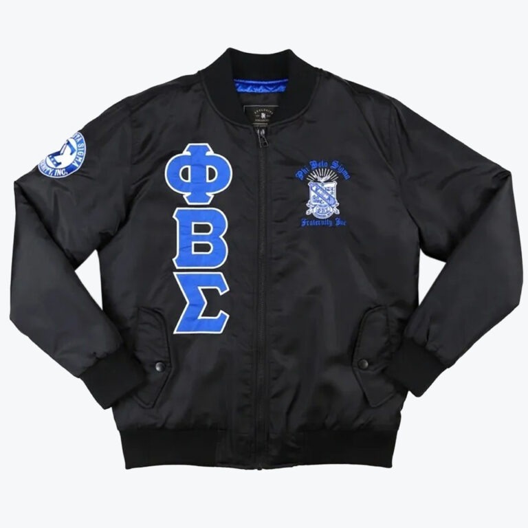 A black bomber jacket with blue and white Phi Beta Sigma Greek letters on the right chest and the fraternity crest on the left chest.
