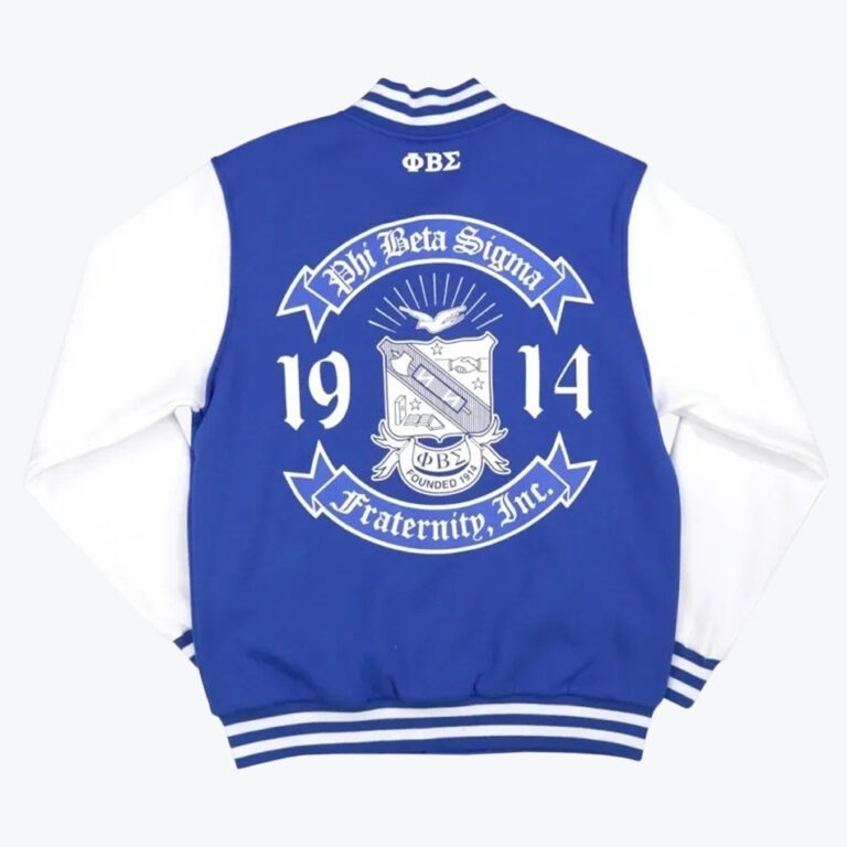 The back of a royal blue and white varsity jacket featuring a large white printed crest of Phi Beta Sigma Fraternity, Inc., with the founding year 1914 split on either side.
