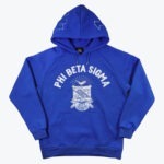 A front-facing view of a royal blue Phi Beta Sigma hoodie with white text and crest on a white background.