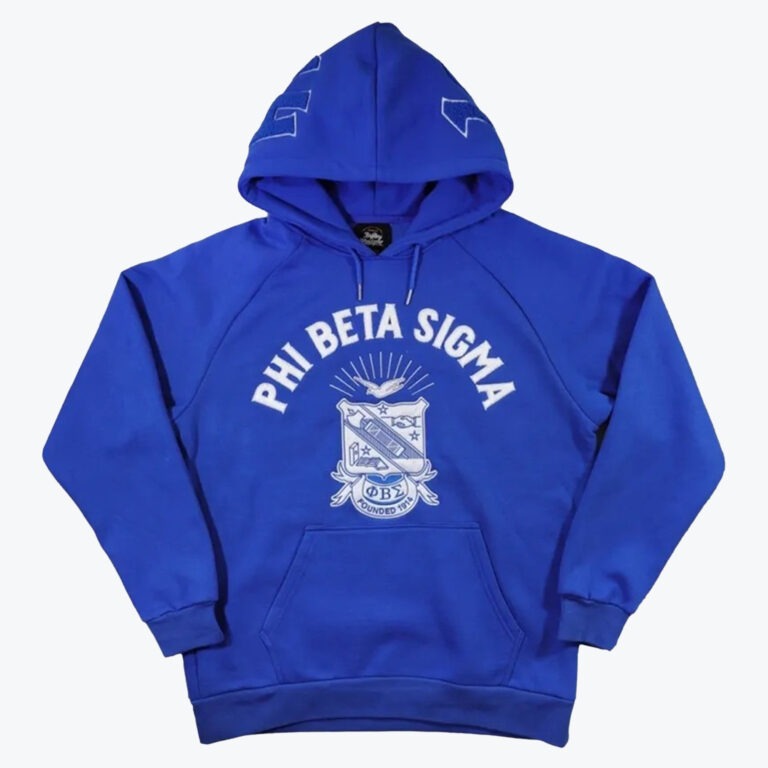 A front-facing view of a royal blue Phi Beta Sigma hoodie with white text and crest on a white background.