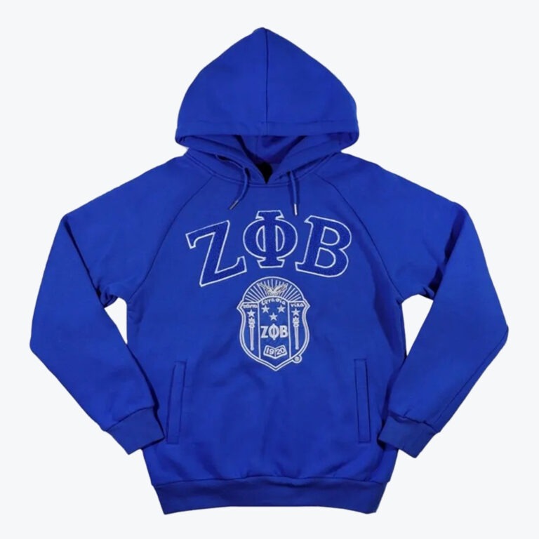 A royal blue hoodie with the Greek letters ZΦB and the Zeta Phi Beta shield embroidered on the front in white.