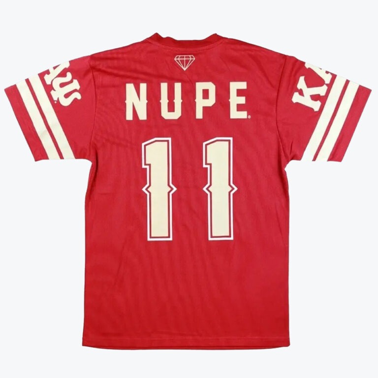 The back view of a red jersey featuring the name NUPE and the number 11 printed in cream. It includes a diamond logo at the top of the back and classic striped details on the sleeves.