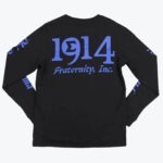 The back view of a black long-sleeve shirt featuring the year 1914 and Fraternity, Inc. printed in blue, where the number nine in 1914 creatively incorporates the Greek letter Sigma.